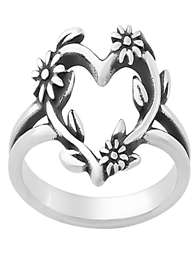 BlingNook Silver Rings For Women, Retro Flower Heart Ring Stackable Trendy Floral Engagement Elegant Statement Wedding Birthday Jewelry Gift (Retro Silver, 7) - Image 1
